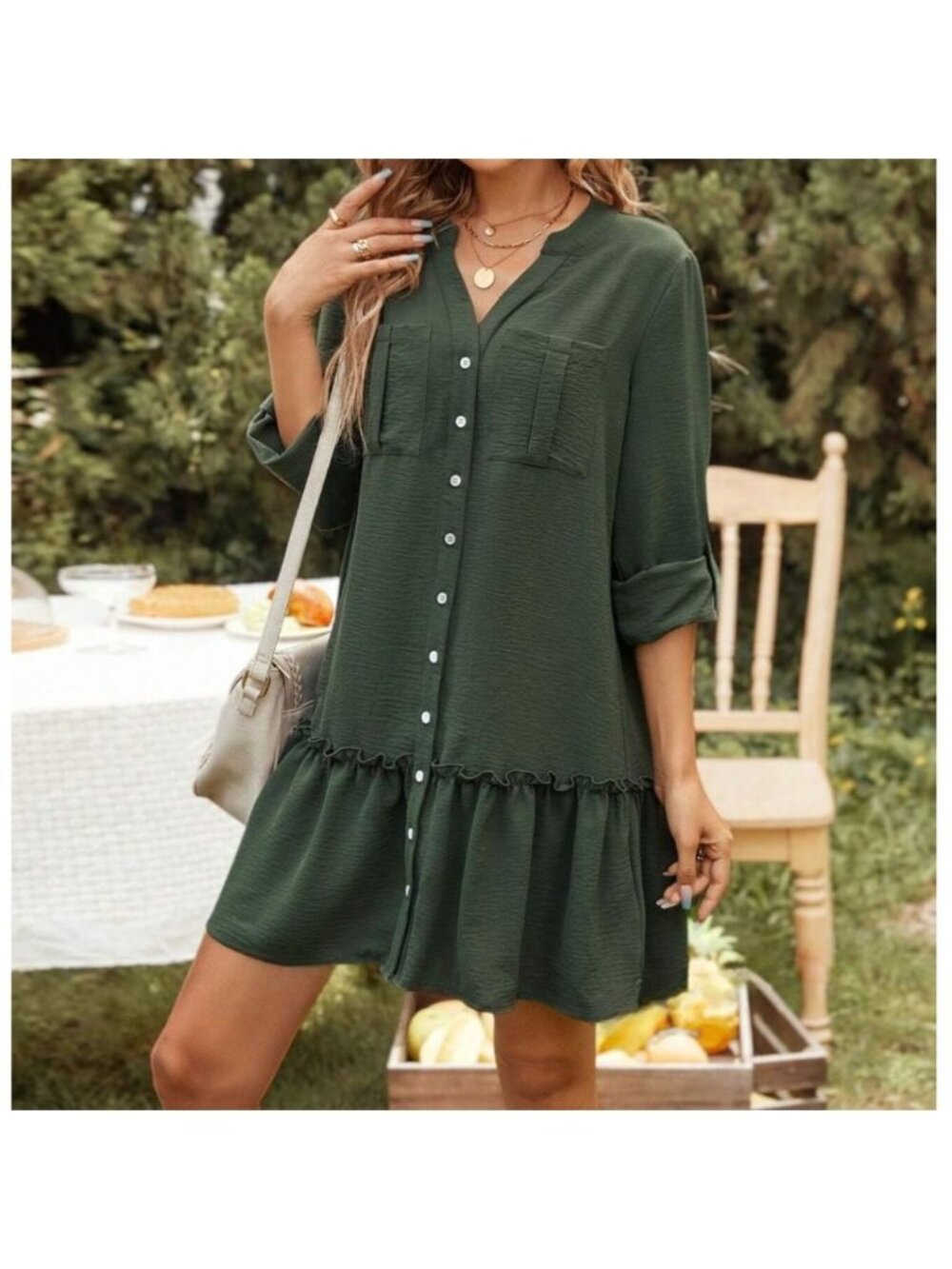 Green Ruffle Hem Smock Dress